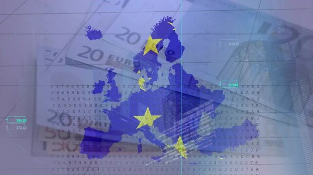 Blue Europe map centering 20-euro and code matrix forming charts emerging from left showing markets