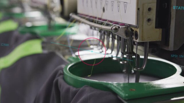 Needles plunging into hoop in textile, control starting stitches, overlays showing yellow thread