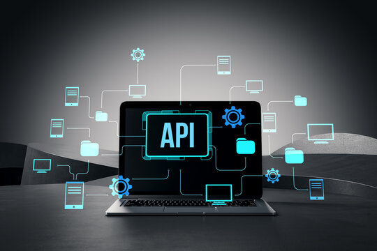 API interface visualization on laptop with hologram network icons showing modern technology connections in abstract digital background. 3D Rendering