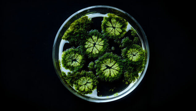 Overhead shot of a petri dish, showcasing vibrant green microbial growth in circular formations, set against a stark black background