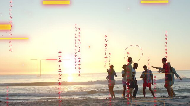 Five friends shifting on beach at sunset, sun dipping starting overlays marking moves for marketing