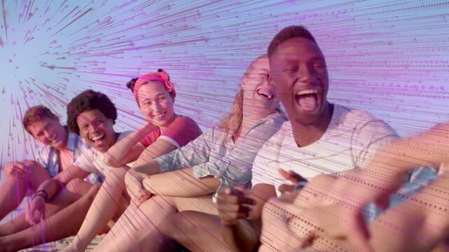 Friends laughing beach, camera panning, starburst overlay growing as right man hugging pal, ads