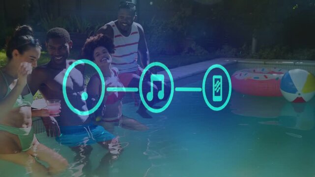 Friends sitting pool cups neon overlay appearing pulsing social WiFi music phone icons splashing