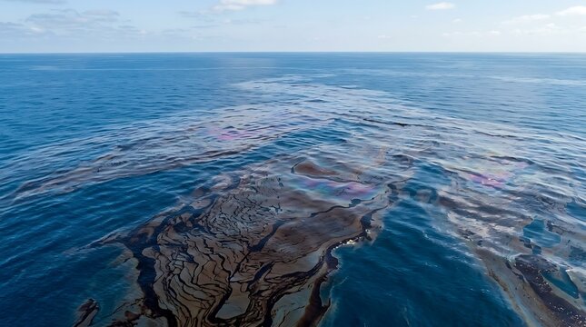 Extensive crude oil slick blackens the vast blue ocean surface, depicting a severe environmental catastrophe and marine ecosystem pollution from a spill