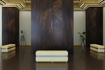 Naklejka premium Large modern gallery interior with dark wooden columns, minimalist benches, decorative plant and spotlight creating serene contemporary exhibition atmosphere. 3D Rendering