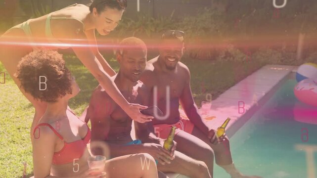 Four friends by pool, friend taking phone selfie for social media while text lens flare overlaying