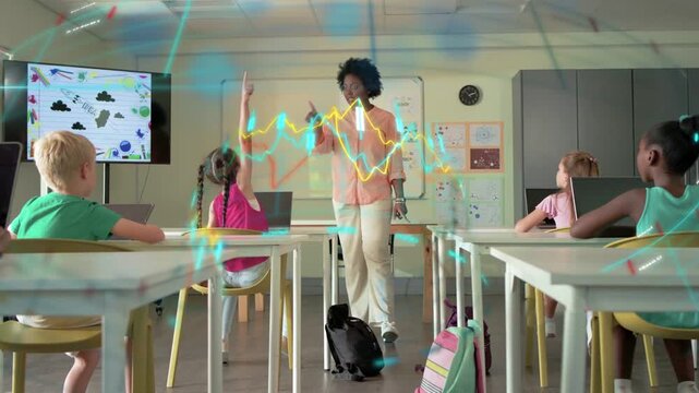Teacher walking aisle in class, acknowledging girl raising hand, AR waves aligning with gestures