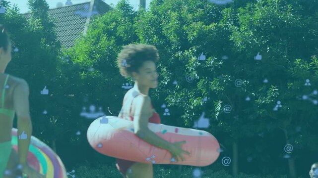 Green woman with donut, crew bumping donuts spurring pool jumping for fun, social icons overlaying
