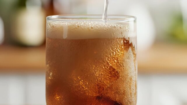 Pouring water into a tall glass of cold brew coffee with ice