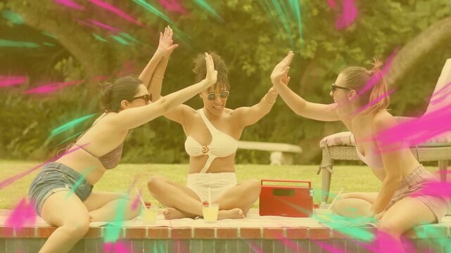 Lead woman raising hands, trio highfiving poolside neon overlays on red speaker cheering lifestyle