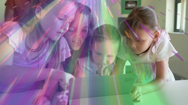 Pointing at tablet starting four girls leaning in, tapping, sharing content as color overlay shifts