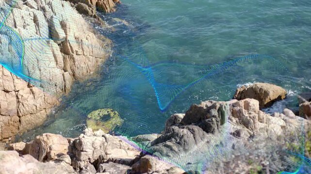 Wavy ribbon appearing frame one, sweeping over boulder, moving right, showing currents for tech