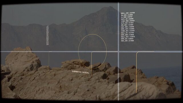 Rocky outcrop staying still while military HUD pulsing reticle shifting flagging OVERWATCH CRITICAL