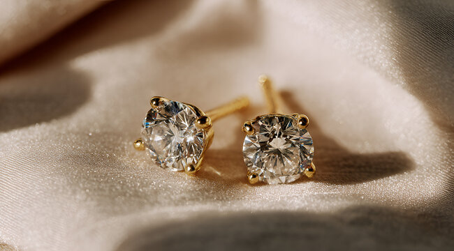Close-up of dazzling stud earrings. Brilliant diamonds sparkle on gold settings, set on soft, light-colored fabric. Luxurious jewelry presentation