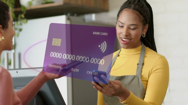 Buyer holding phone starting checkout, clerk scanning while purple card sliding over people