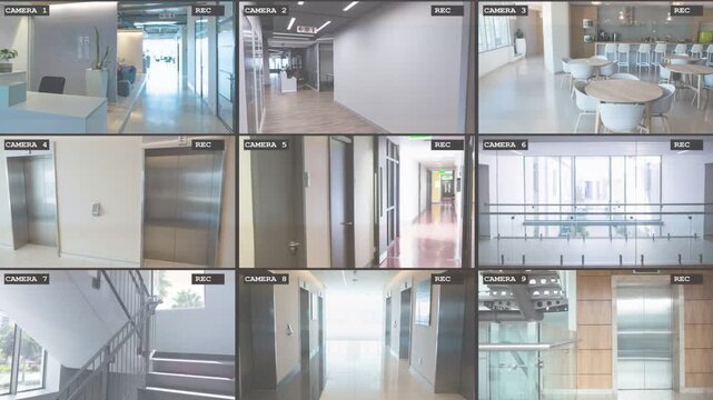 Security monitor showing nine labeled feeds with REC dots flashing, starting security monitoring