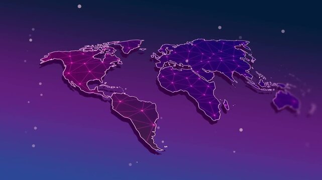 Neon map pulsing with nodes, magenta bloom expanding from Atlantic, initiating node pulses for tech