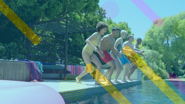 Five adults shifting and jumping into pool making splash with float and leisure overlay appearing