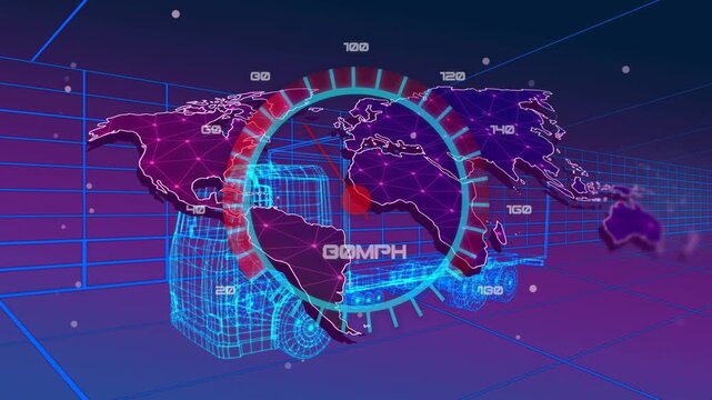 auto HUD receiving data input, lighting segmented gauge and pulsing readout visualizing speed climb