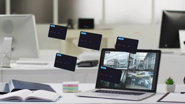 Incoming security alerts initiating notification cards appearing left of laptop, floating into grid