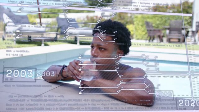 Man holding glass at pool edge scanning and sipping as technology timeline slides, tracking years