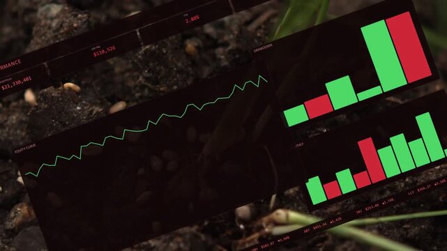 HUD overlay rotating with camera revealing soil and plant while charts tracking growth for agritech