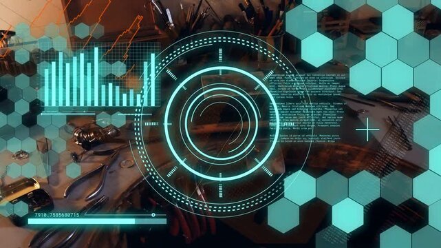 Tech hands approaching motor part, activating AR reticle, hex tiles and waveform, calibrating part