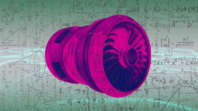 On play, pink rotor rotating, revealing fan over math sketches and light band, educating engineers