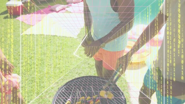 Man in tank sipping bottle, moving to grill, placing skewers while wire grid guiding pool barbecue