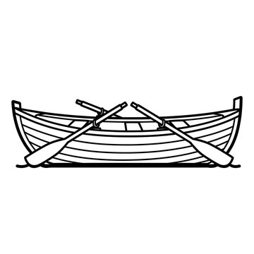 Simple black and white line art illustration of a rowing boat with oars
