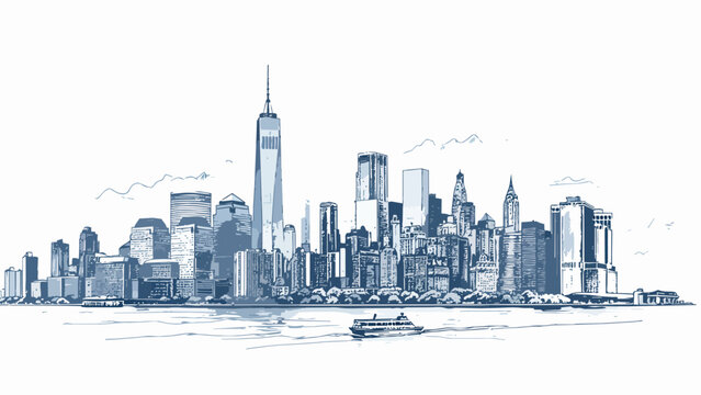 New york city skyline drawing with ferry boat