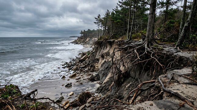 Dramatic coastal erosion with exposed tree roots along a rugged shoreline under a brooding sky, illustrating the raw power of nature's impact