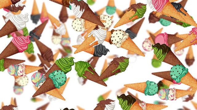 Dynamic animation of colorful ice cream cones falling and spinning in motion footage.