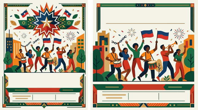 Juneteenth Freedom Day Celebration Poster with African American People Parading and Playing Music in Flat Vector Style