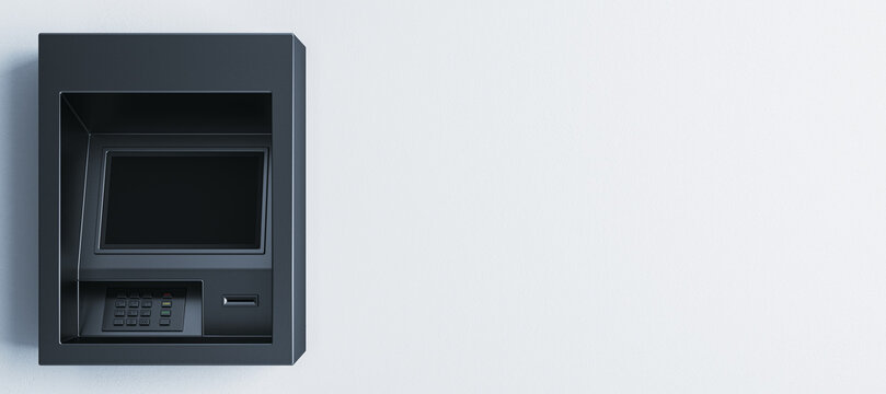 Modern ATM machine embedded in clean wall with blank screen and minimal design for banking mockup and technology concept. 3D Rendering