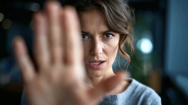 Faceless woman showing no gesture with hand, stop violence concept, refusal communication, boundary setting, personal safety, with copy space