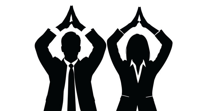 Businessman and businesswoman in yoga pose.