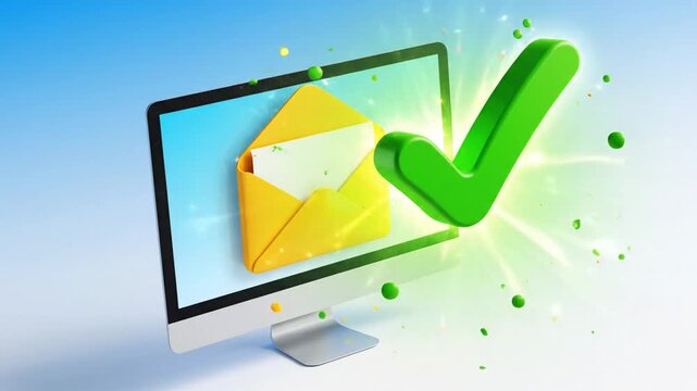 3D stylized computer monitor screen displaying a yellow open envelope with a bright green checkmark icon representing a successful email message delivery and communication verification 4K