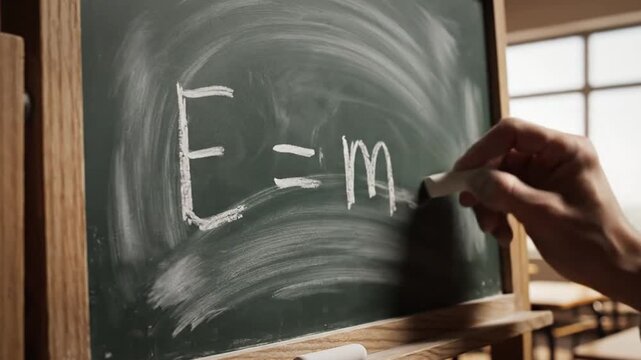 Handwritten animation of Albert Einstein famous relativity formula E equals mc squared on a vintage school blackboard for science education and physics learning video background