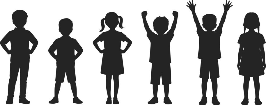 Children silhouettes collection, kids standing and raising hands, playful boys and girls vector illustration isolated background