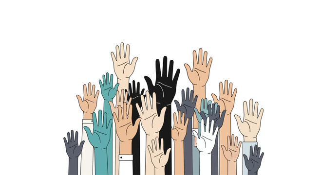 Diverse hands raised in solidarity together.