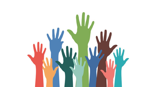 Diverse hands raised in unity.
