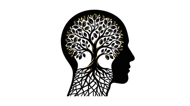 Human head silhouette with detailed tree of life inside brain symbolizing wisdom and interconnectedness on isolated white background