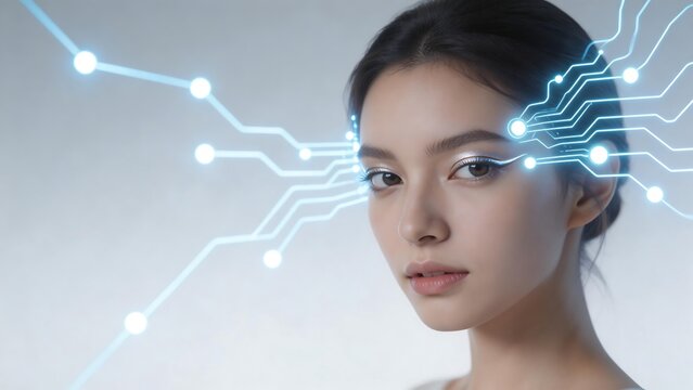 Woman with glowing circuit lines near her head