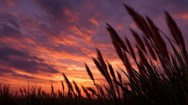 Dramatic sunset sky with vibrant orange and purple clouds over a field of tall silhouetted reeds