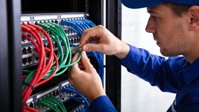 Man connecting network cables in server rack