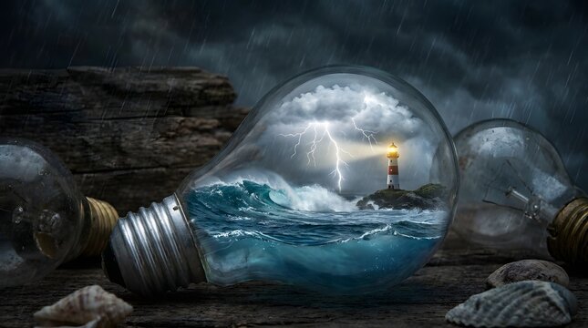 A detailed glass light bulb containing a stormy ocean scene with a glowing lighthouse and powerful lightning bolt strikes inside