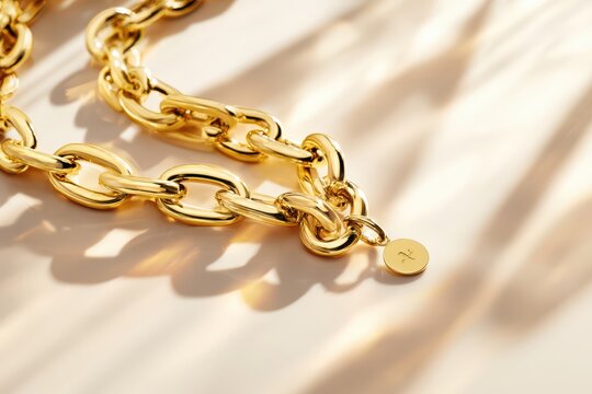 Elegant chunky gold chain necklace with a delicate circular pendant, soft light and shadows.