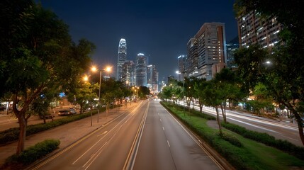Fototapeta premium A long exposure view of a tree lined urban boulevard passing by modern high rise structures at night