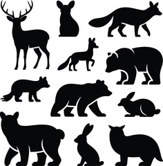 Fototapeta premium Wild animal black silhouette set in stylized cartoon theme